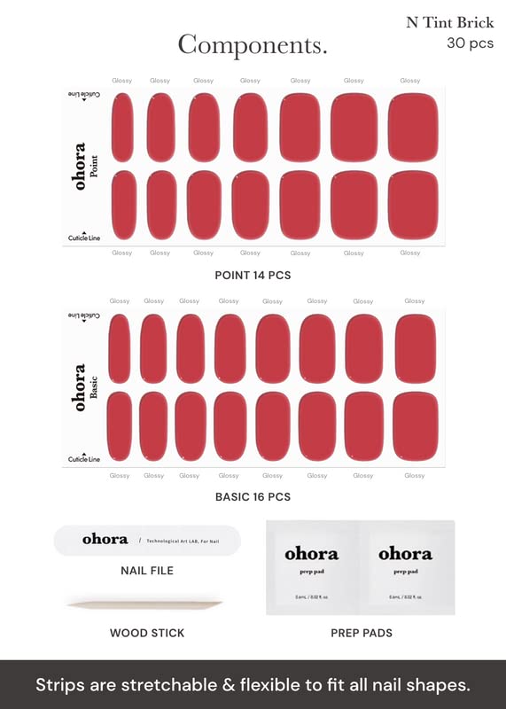 ohora Semi Cured Gel Nail Strips (N Tint Brick) - Red, Tint, Works with Any UV/LED Lamps, Salon-Quality, Long Lasting, Easy to Apply & Remove - Includes 2 Prep Pads, Nail File & Wooden Stick