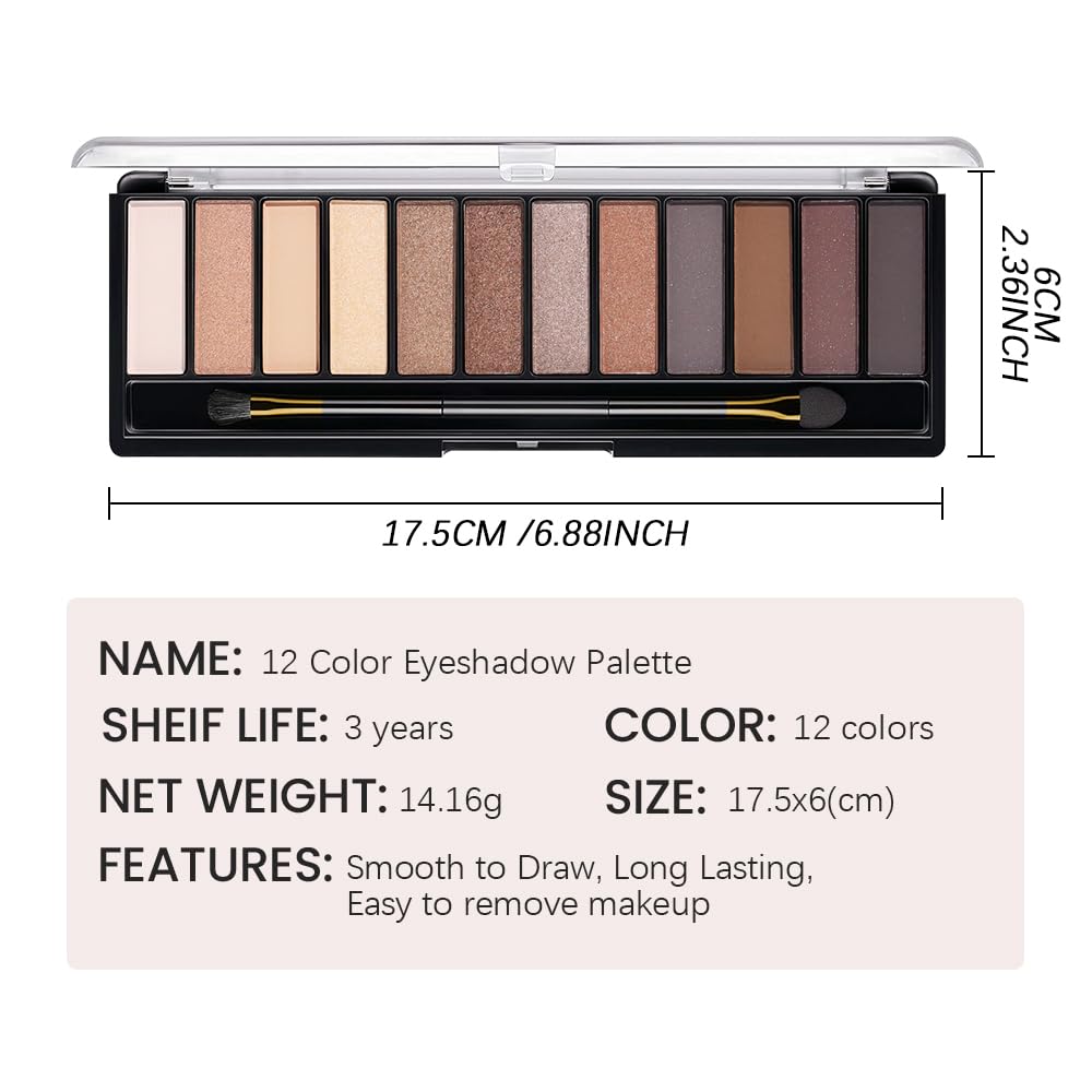 12 Colors Eyeshadow Palette โ Neutral Warm Tone Matte & Glitter Eye Makeup Palette, High Pigment Waterproof Eyeshadow Kit for Women โ Blendable Natural Brown, Nude, Rose Gold Shimmer Makeup 01#