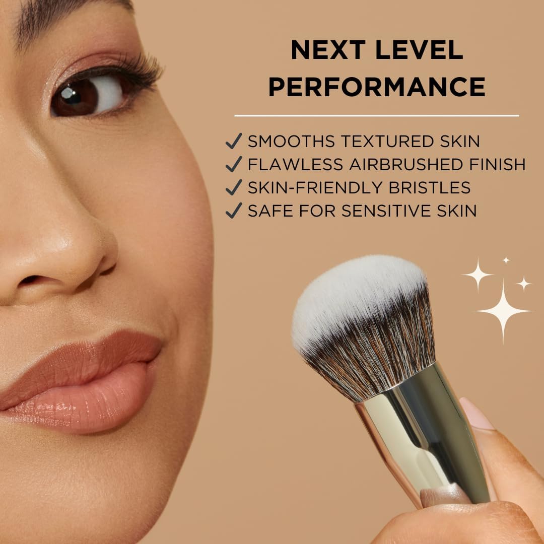 HALEYS Kabuki Makeup Brush + GWP Skin Tint Mini, VEGAN+CRUELTY-FREE, Sustainable Wood, Vegan Bristles for Airbrushed Finish, For Creams, Liquids, Powder, Streak-free, Perfect Blending, Buffs, Blurs