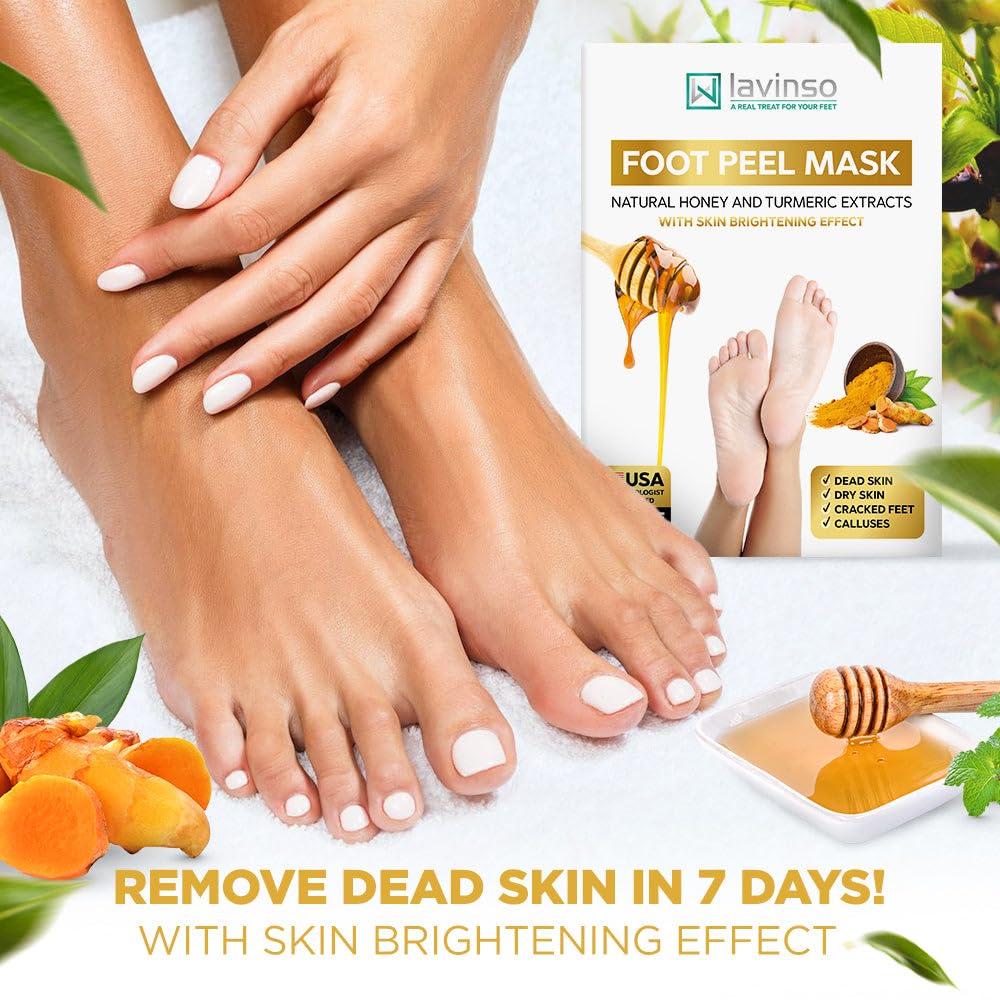 Lavinso Honey Feet Peeling Mask for Dry Cracked Feet - 4 Pack - with Kojic Acid Skin Brightening Effect - Exfoliating Dead Skin and Calluses - Foot Peel Mask for Baby Soft Feet