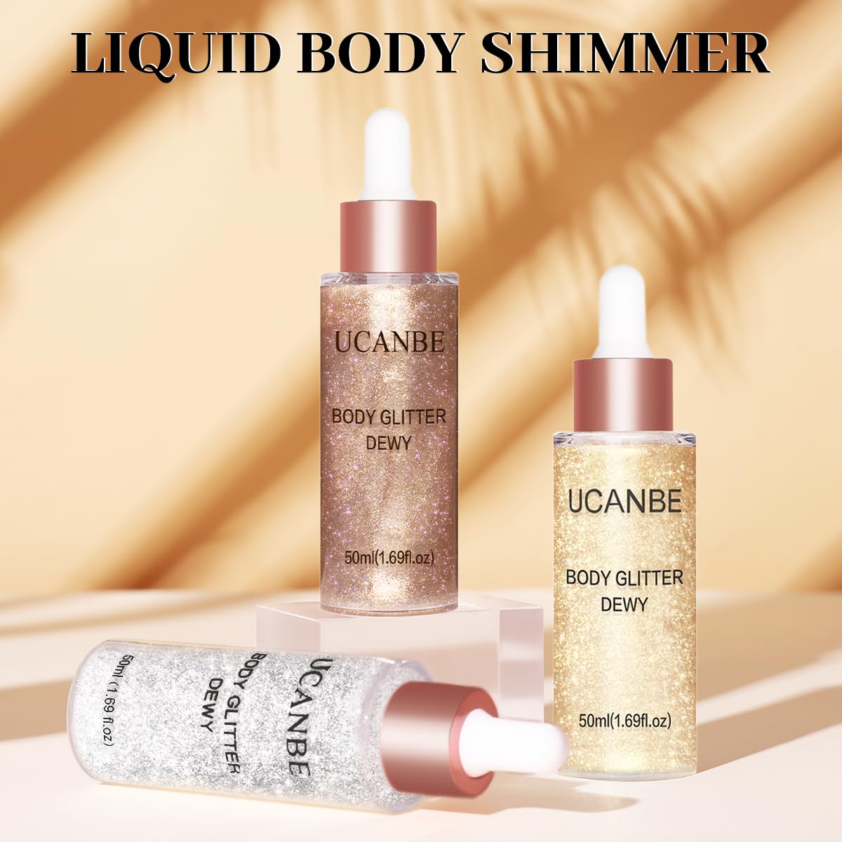 UCANBE Glow Shimmer Drop Set for Women Highlighter Makeup Body Glitter Dewy Liquid Face Holographic Luminizer Sparkles for Face (3 Pcs)