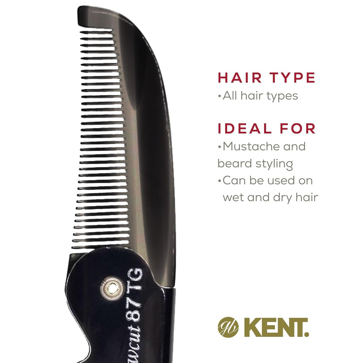 Kent 87T Black Graphite Handmade Folding Pocket Comb for Men, Fine Tooth Hair Comb Straightener for Everyday Grooming Styling Hair, Beard or Mustache, Saw Cut Hand Polished, Made in England (2 Pack)