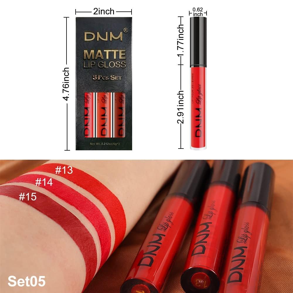 evpct 3Pcs Dark Ruby Fire Red Matte Liquid Lipstick Lip Stain Lipgloss sets for Women 24 Hour Red Matte Lipstick Long Lasting Smudge Proof