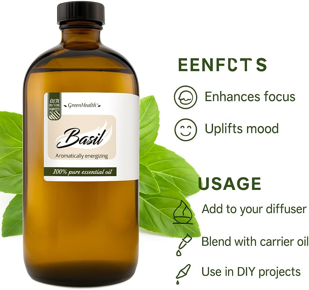 Basil Essential Oil โ 16 fl oz (473 ml) Amber Glass Bottle โ 100% Pure, Undiluted, Therapeutic Grade โ Fresh, Herbaceous Aroma โ GreenHealth