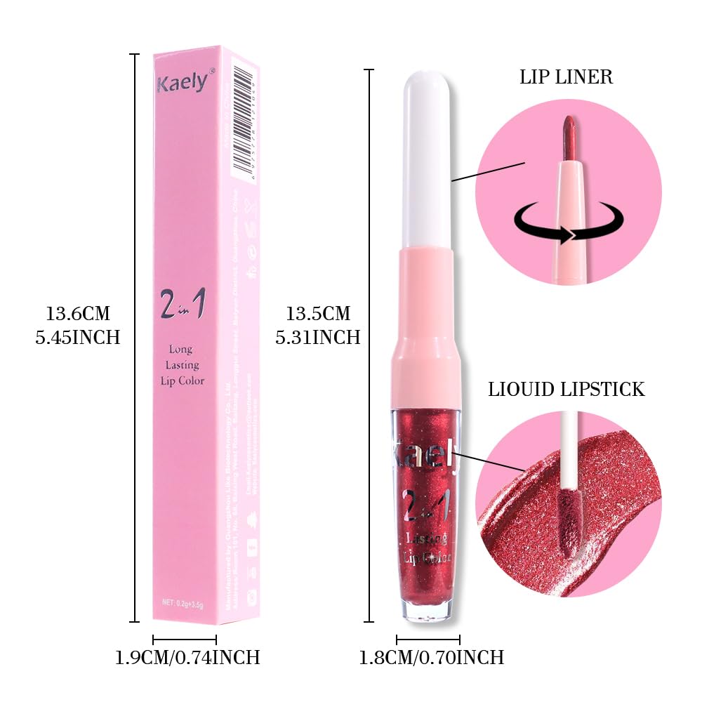 Kaely 2-in-1 Dark Red Metallic Lipstick and Lip Liner, Shimmer Liquid Metallic Lipsticks for Women, Glitter Lip Gloss Stain Long Lasting Waterproof Smudge Proof 24 Hour, Vegan Makeup, 01