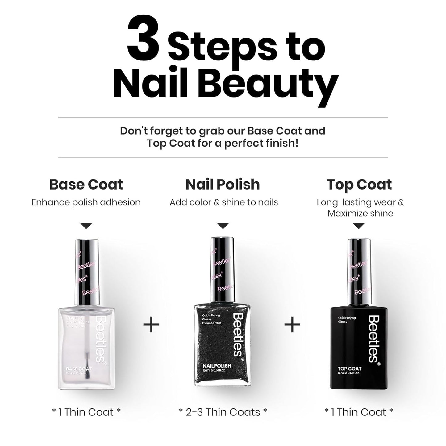Beetles Black Glitter Nail Polish-1Pcs 15ml Fast Drying Nail Polish Shimmer Black Winter Nail Polish Nail Lacquer Glossy Finish Nail Art Design for Women,Up to 8 Days of Wear, 0.51 FL OZ