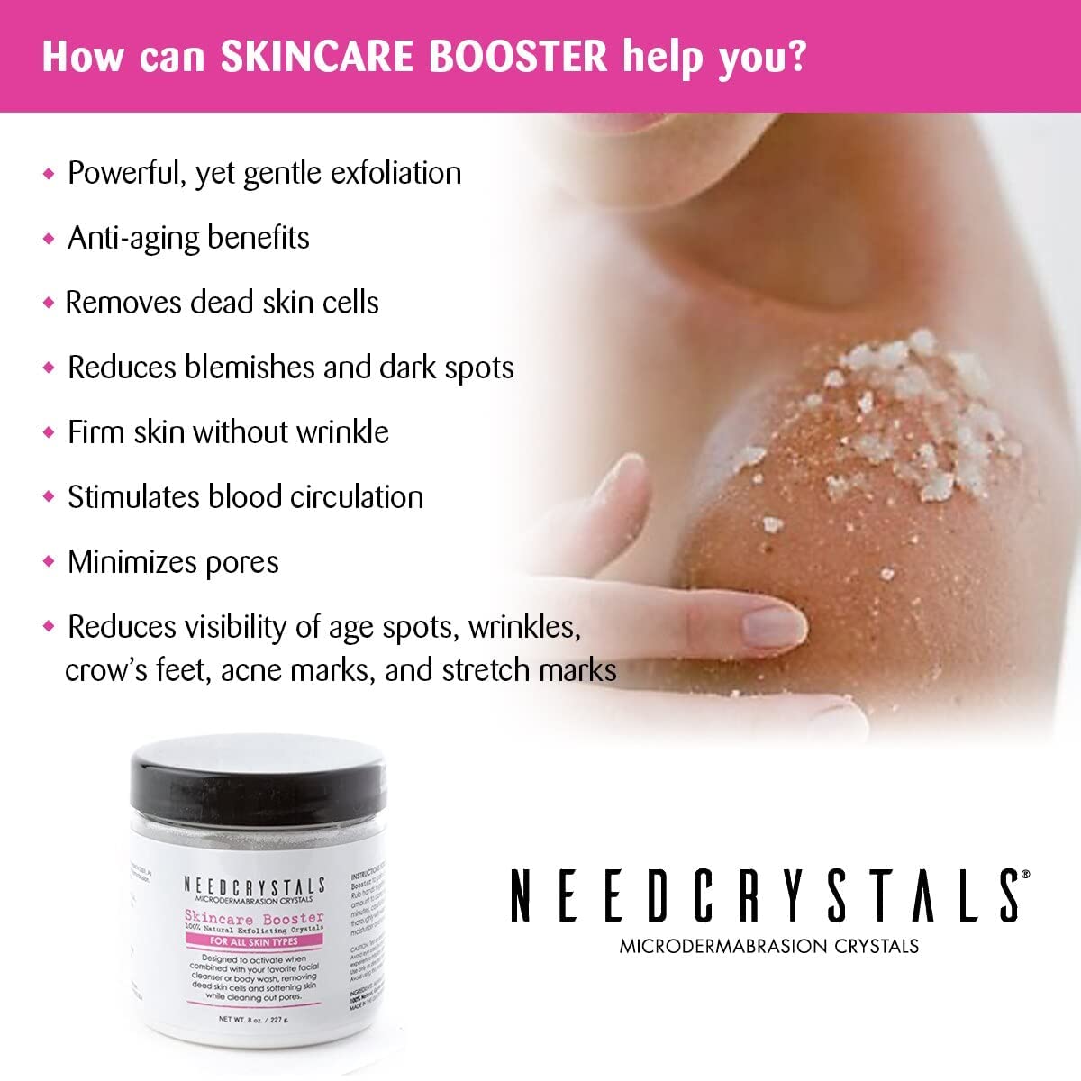 NeedCrystals Microdermabrasion Crystals DIY Facial Scrub. Natural Face Exfoliator for Dull or Dry Skin Improves Scars, Blackheads, Pore Size, Wrinkles, Blemishes & Skin Texture 4 oz. / 113 gr.
