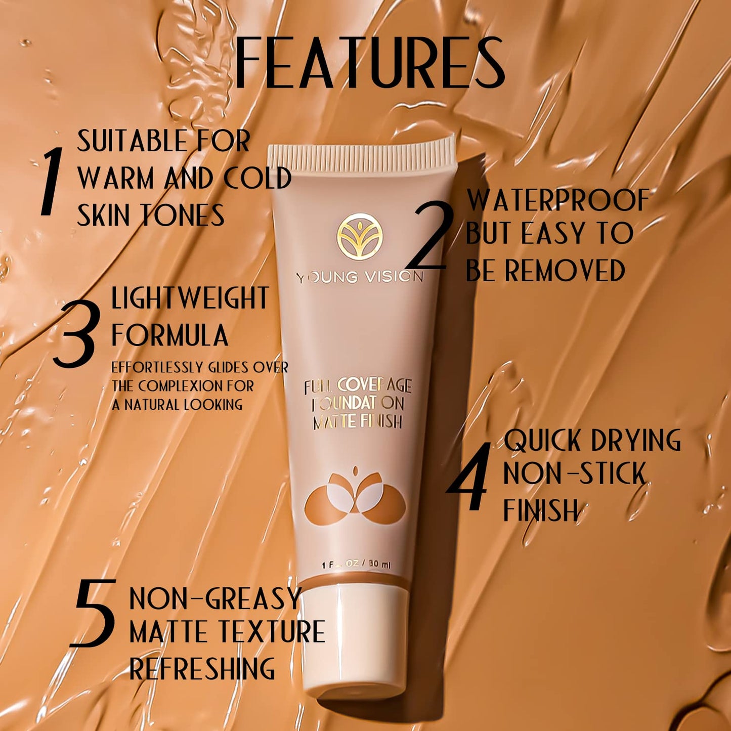 YOUNG VISION Full Coverage Longwear Foundation, Matte Finish, Waterproof, Poreless Liquid Foundation Makeup, Base de Maquillaje Alta Cobertura, 1 fl.oz