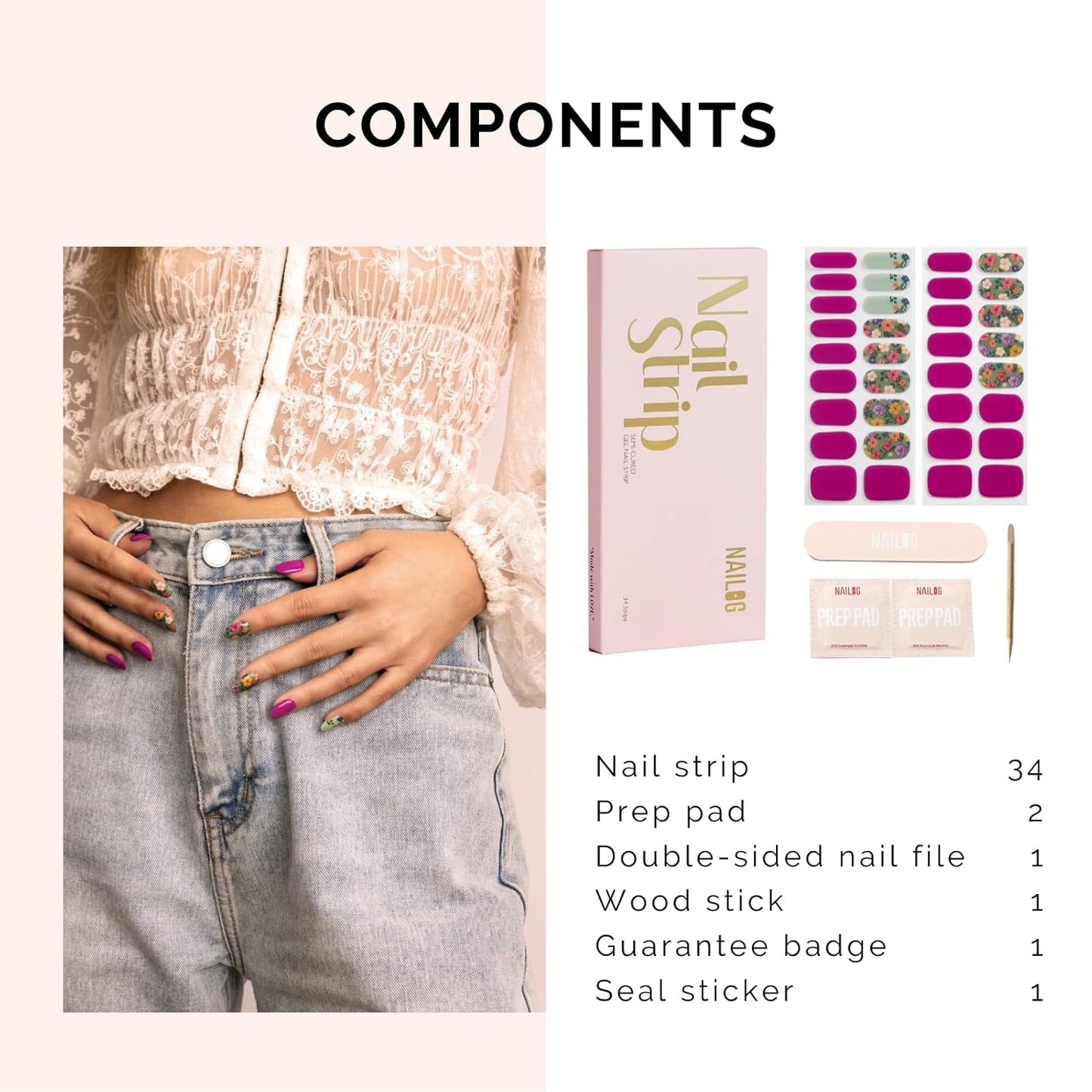 Nailog Semi Cured Gel Nail Strips 34 pcs| Long Lasting Nail Polish Sticker Wraps with Glossy Gel Finish, Retro Jungle