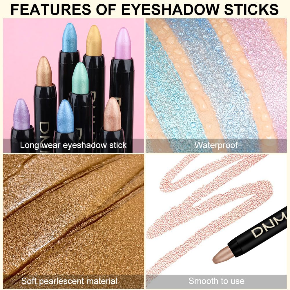 8Pcs Glitter Eye Shadow Sticks Liner Pencils Makeup Set, Desert Mocha Beige Gold Light Purple Pink Sky Dazzling Blue Geen Glitter Shimmer Eyeliner Pencil Cream Eyeshadow Palette Makeup for Older Women