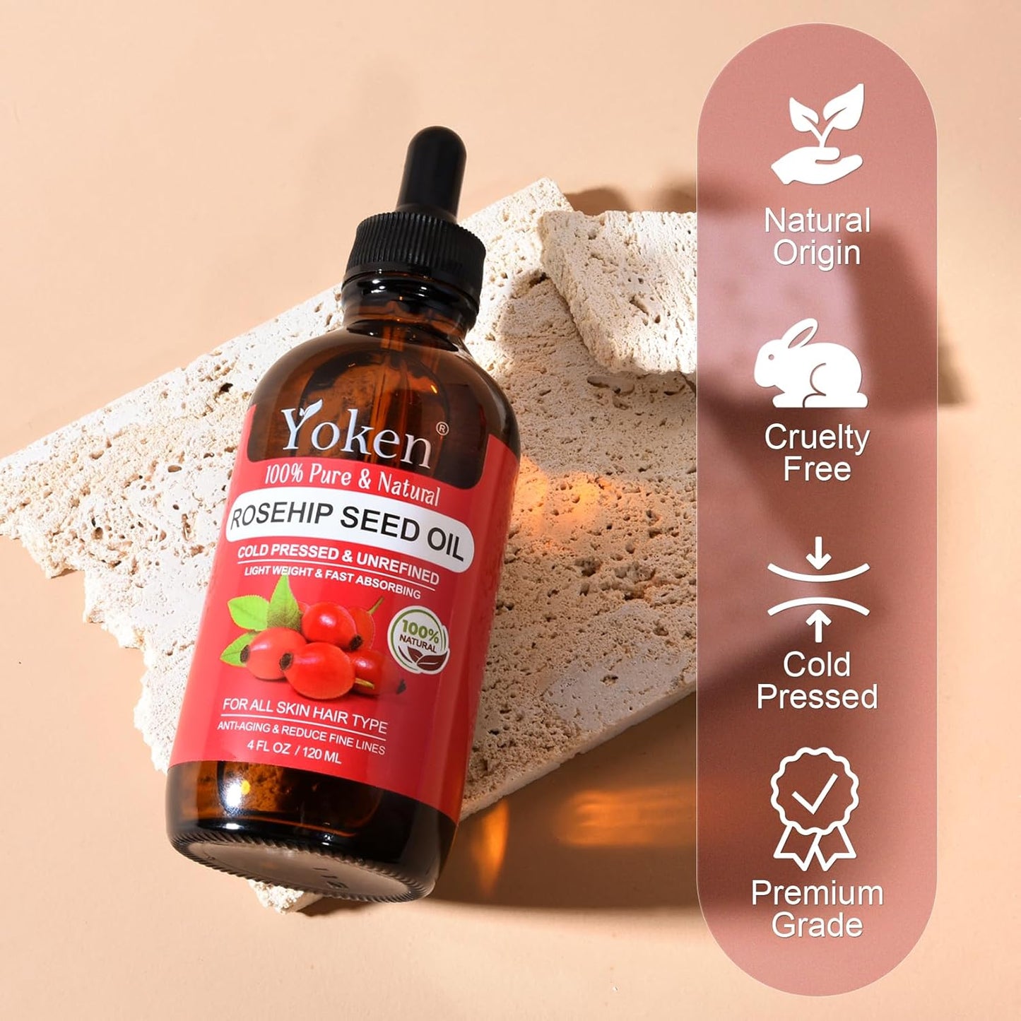 Yoken Rosehip Seed Oil For Face,100% Pure Rosehip oils For Skin,Scars,Hair & Nails.4 fl Oz Cold Pressed Rose Hips Oil For Skin Care, Anti-Aging, Scar Treatment, GUA SHA Massage DIY (4 Fl Oz)