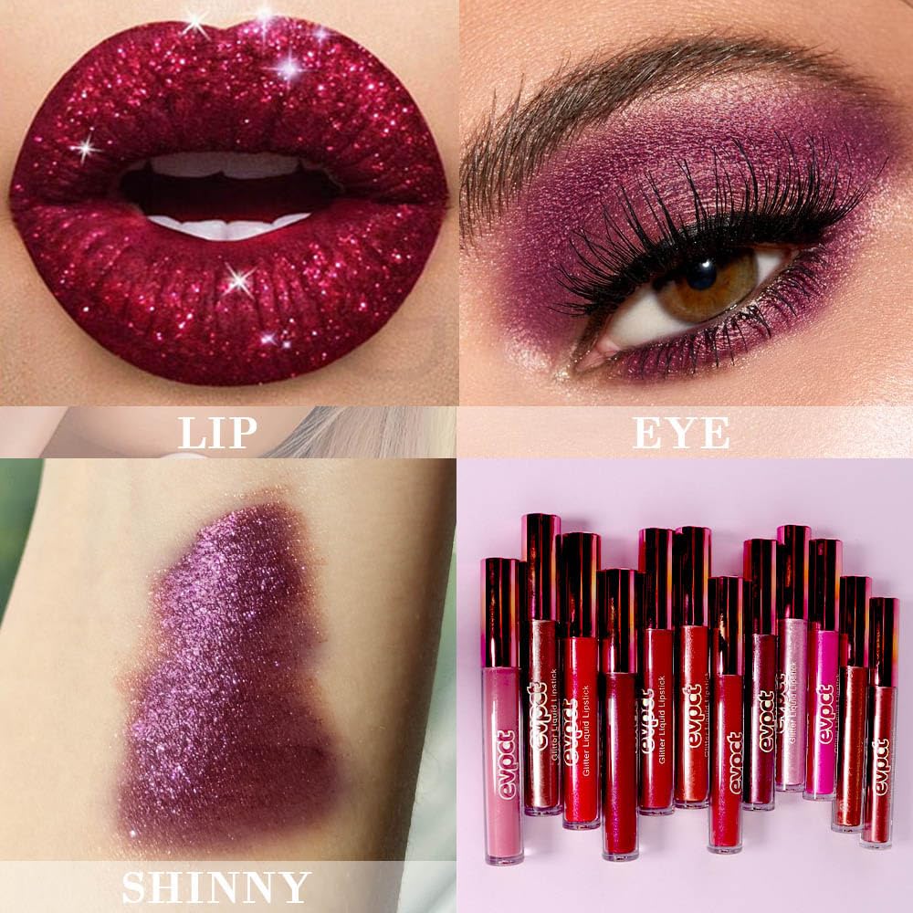 evpct 2Pcs Red Glitter Metallic Shimmer Diamond Lipstick Lip Gloss Stain Set for Women Long Lasting Waterproof, Dark Hot Bright Red Sparkle Glitter Matte long wear Liquid Lipstick Lip Makeup Kit