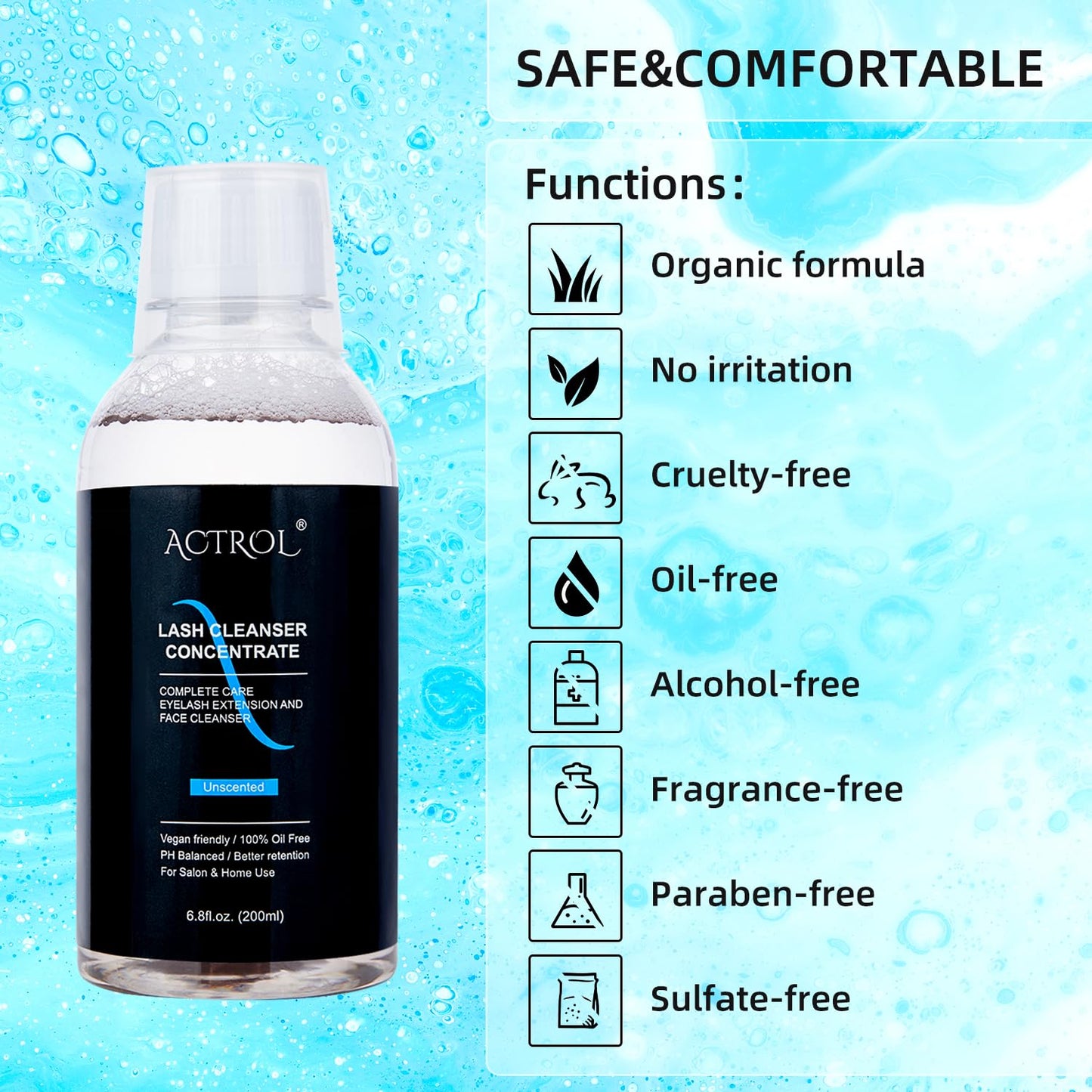 Eyelash Cleanser Concentrate 200ml Unscented Professional Lash Shampoo Foaming Cleanser Lash Wash Concentrate for Extensions Lashes with Salon Home Care-Makes 40 Bottles