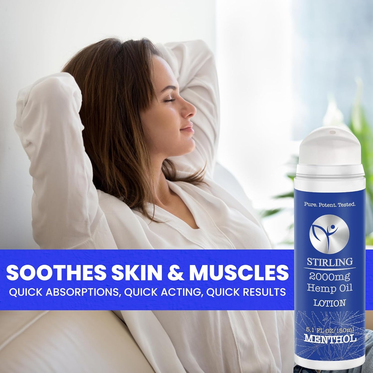 STIRLING Menthol Lotion + Hemp Oil โ Maximum strength relief with cooling menthol and 100% pure hemp oil to soothe joints, relax muscles, and hydrate with aloe vera. 5 fl oz. (2000mg, Menthol)