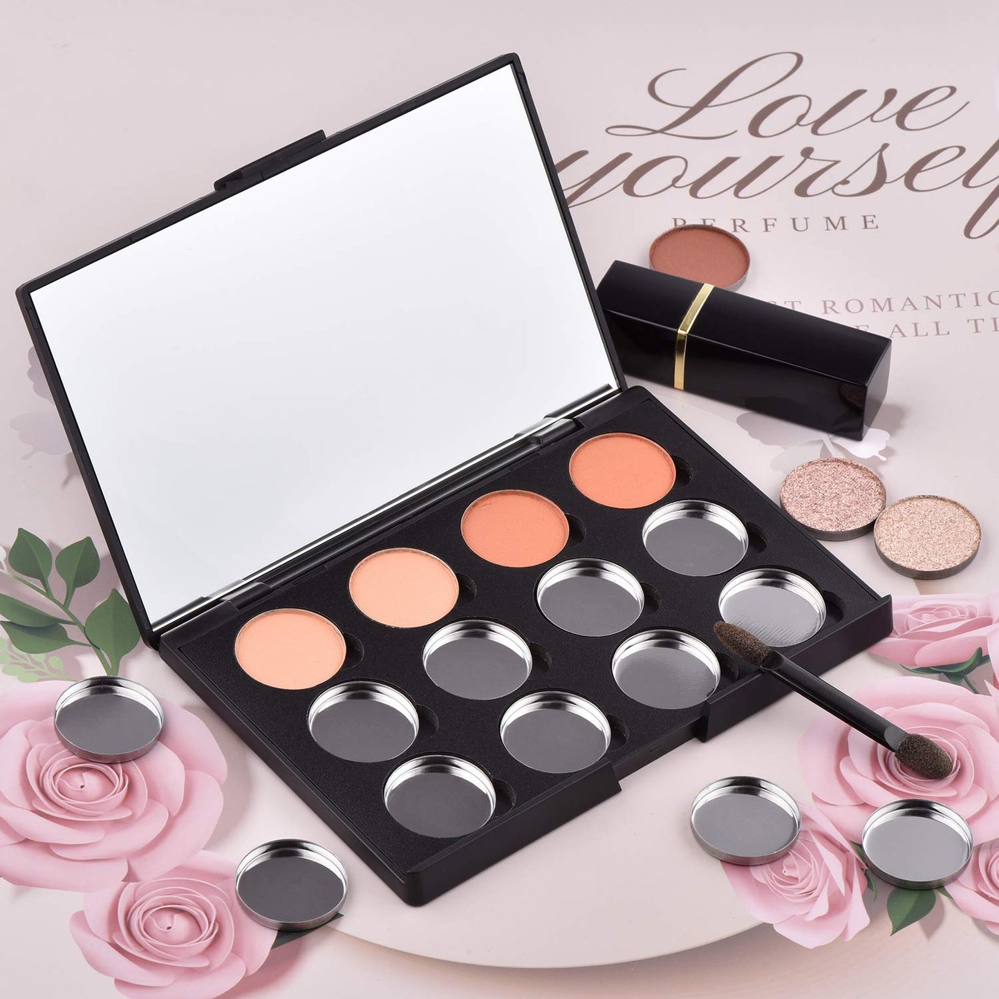 Empty Magnetic Eyeshadow Makeup Palette with Mirror and 12Pcs 26mm Round Metal Pans