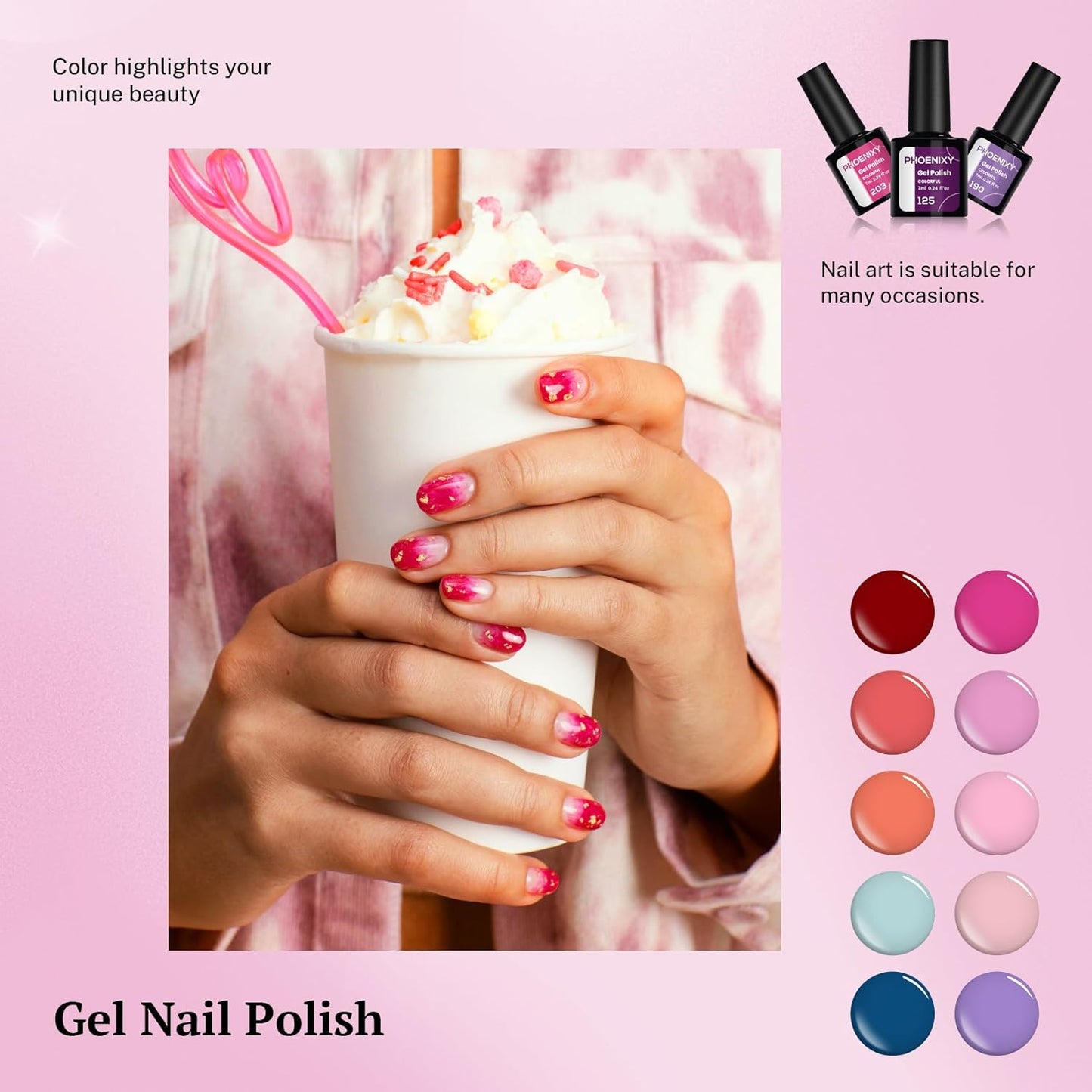 phoenixy 24 Gel Nail Polish Set, Gel Nail Polish Kit with Base Gloss Matte Top Coat Black Red Nail Polish Set Starter Kit Manicure Gift for Women-PCB9027