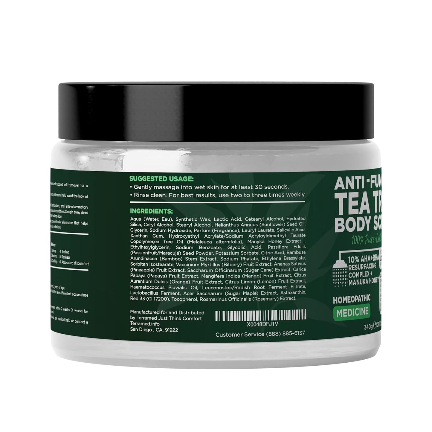 Terramed Just Think Comfort Antifungal Body Scrub with Tea Tree Oil โ Exfoliating Body Wash for Women & Men โ Soothes Itchy Skin, Rashes, Acne, Warts & Insects Bites โ 12 Fl oz with Scrubber Brush