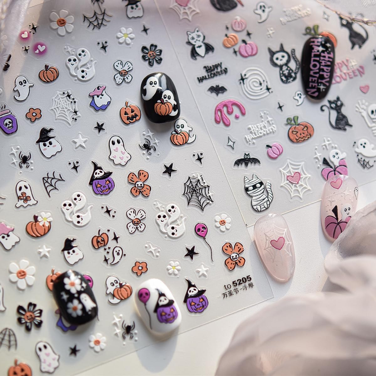 5D Embossed Halloween Nail Stickers Cute Pink Pumpkin Self-Adhesive Nail Art Pegatinas Uñas with Ghost Skull Cat Bat Designs Nails Decals Halloween DIY Manicure for Women Nails Art Decoration 1Sheet