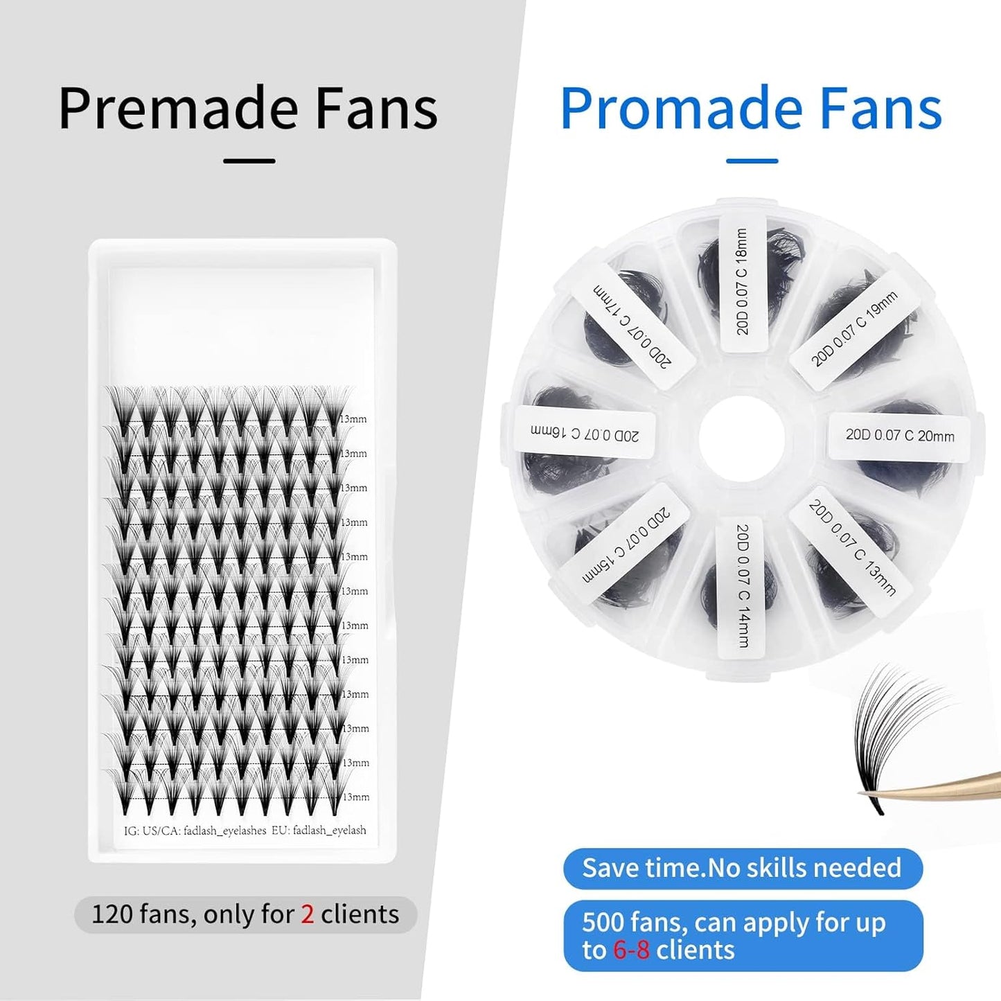Pre-made Fans for Eyelash Extension 500+20D D Curl Handmade Loose Volume Lashes9-16mm