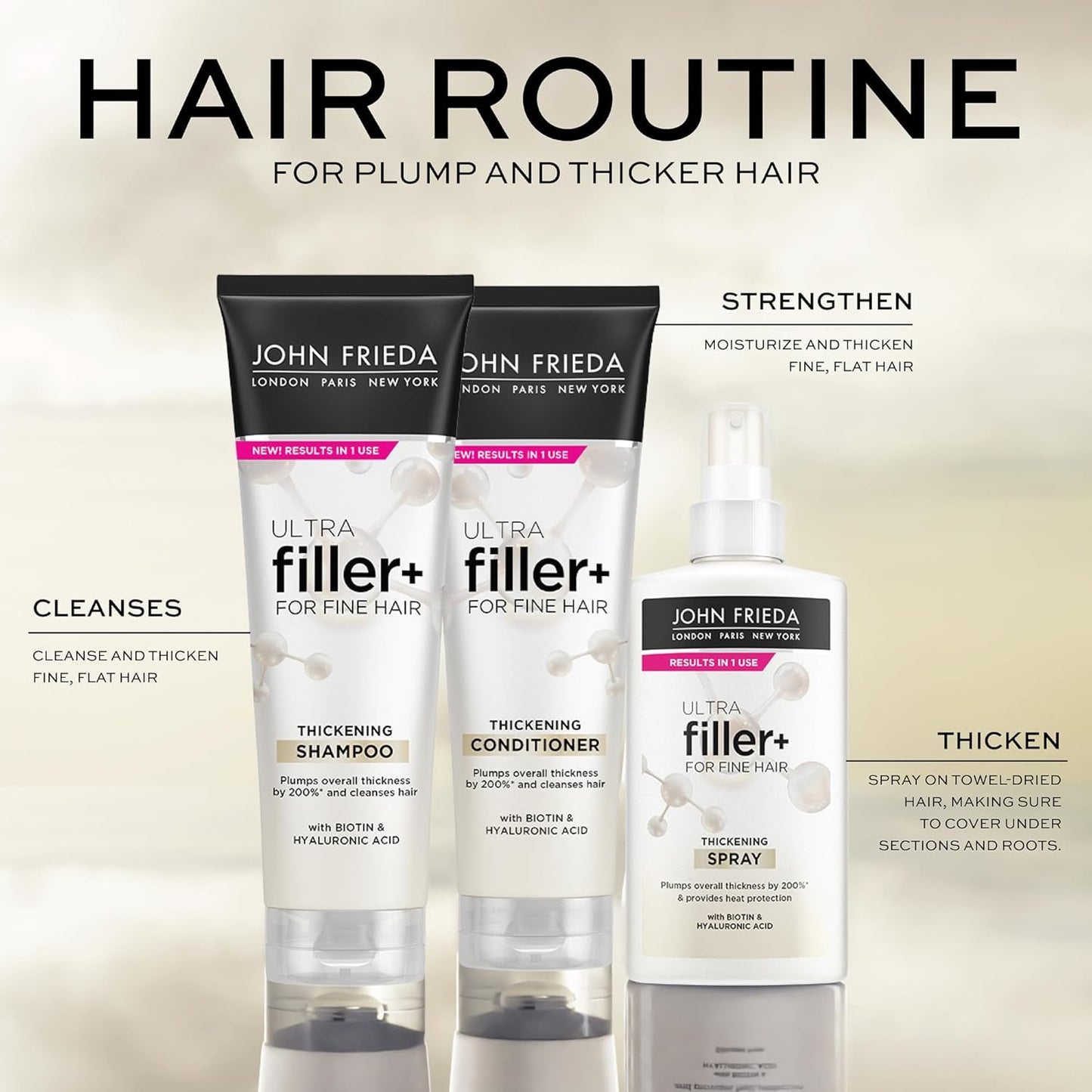 John Frieda ULTRAfiller+ Thickening Shampoo, Strengthening Shampoo for Damaged or Thin Hair, Infused with Biotin and Hyaluronic Acid to Strengthen Hair for Thicker Fuller Results, 8.3 Oz