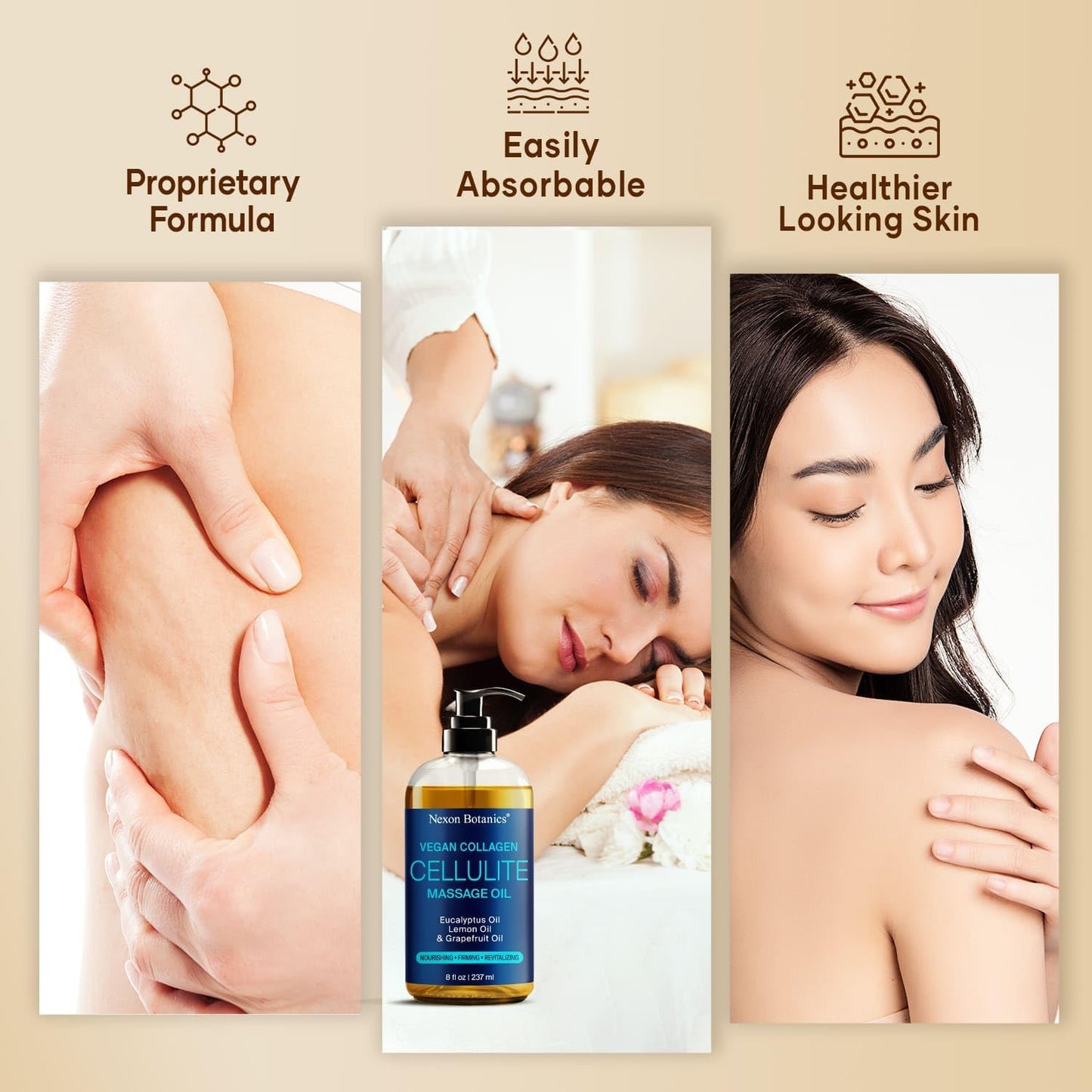 Anti-Cellulite Massage Oil for Massage Therapy 8 fl oz - Refreshing and Relaxing - Natural Oils with Vegan Collagen and Stem Cells - for Men and Women - Nexon Botanics