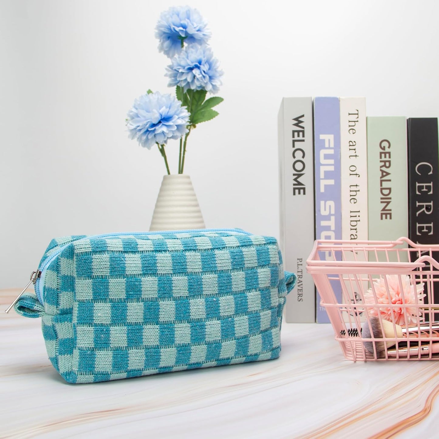 PAZIMIIK Checkered Makeup Bag for Purse Portable Zipper Make Up Pouch Small Cosmetic Case for Travel Accessories (2PCS Lake Blue)