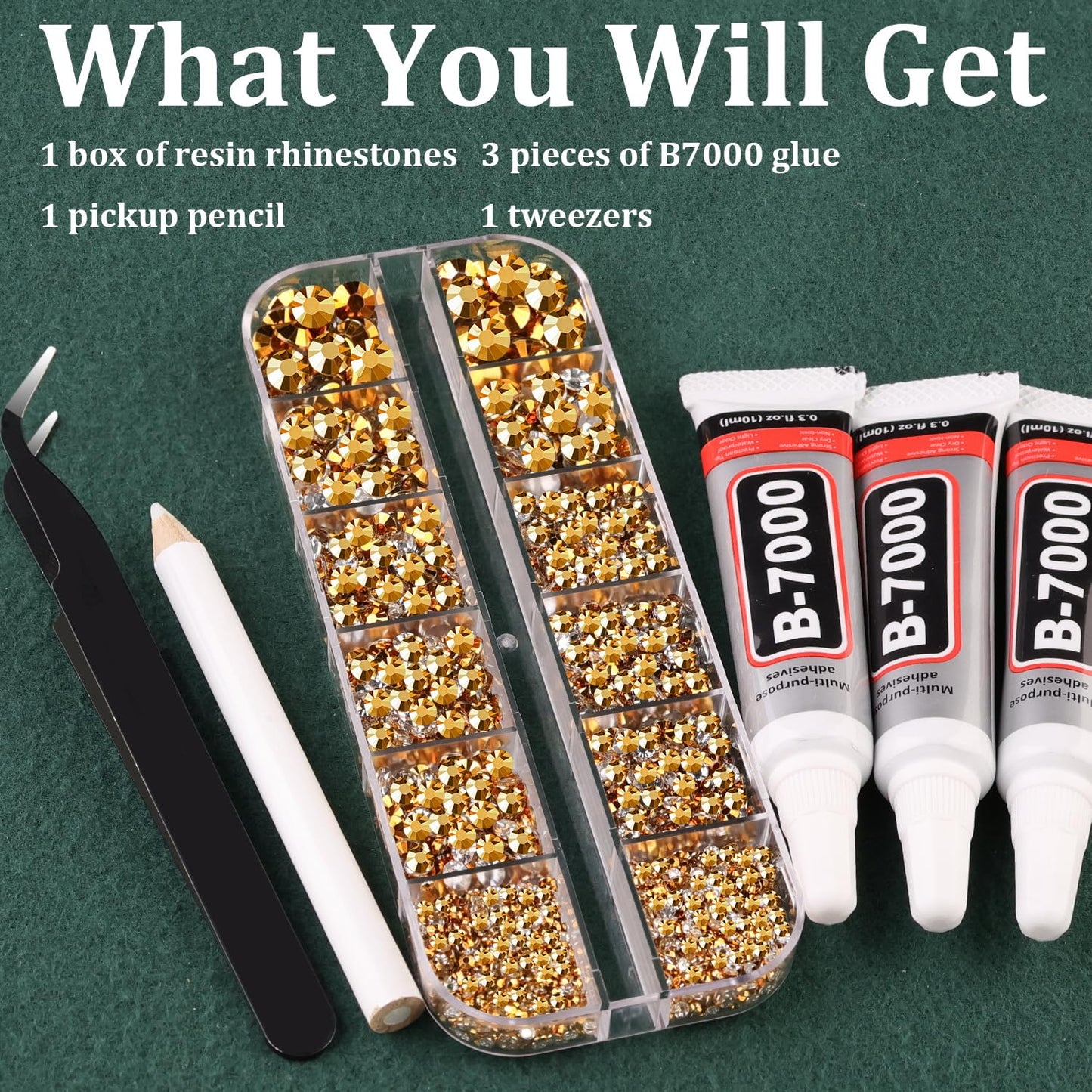 Resin Rhinestones for Crafting with B7000 Jewelry Glue, 1 Box Gold Flatback Crystals with 3Pcs 10ml Glue for Bedazzling Crafts DIY Nail Art Makeup๏ผNon Hotfix Gems for Clothing Shoes