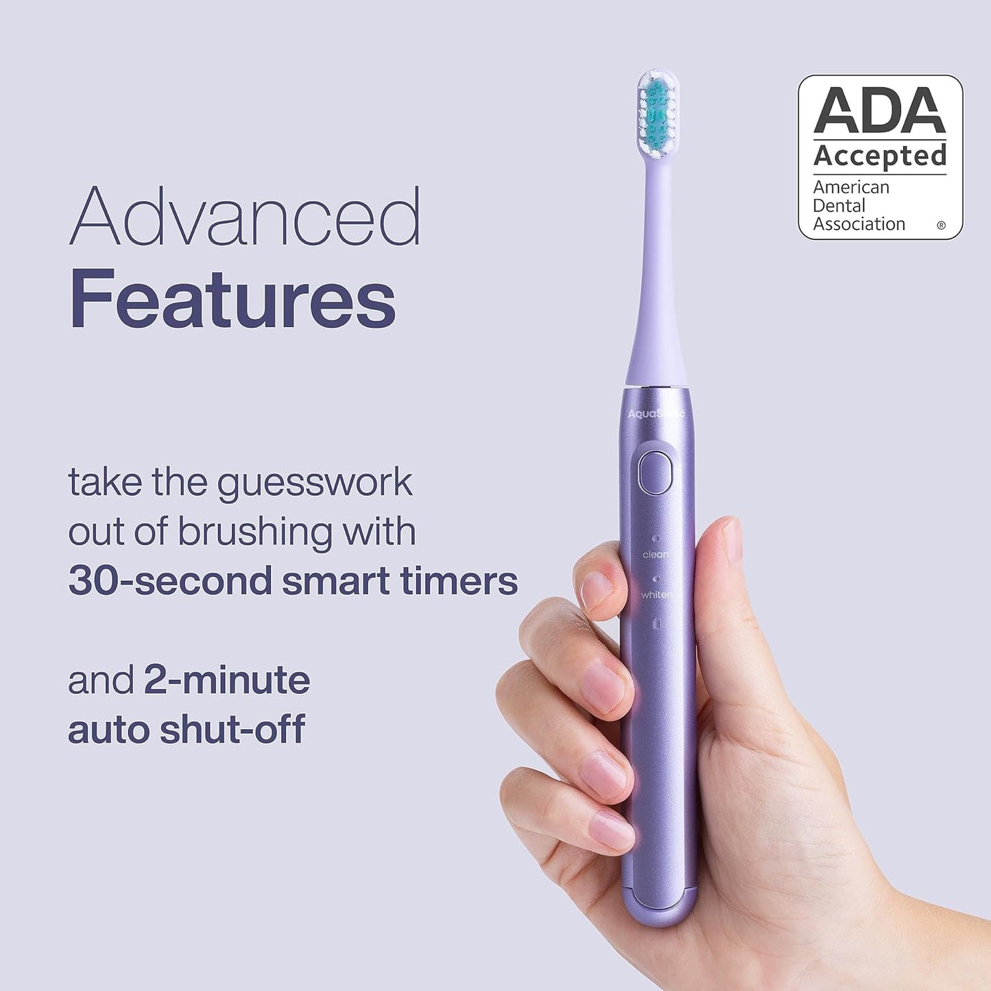Aquasonic Icon ADA-Accepted Rechargeable Toothbrush | Magnetic Holder & Slim Travel Case | 2 Brushing Modes & Smart Timers | Gentle Micro-Vibrations (Lilac)