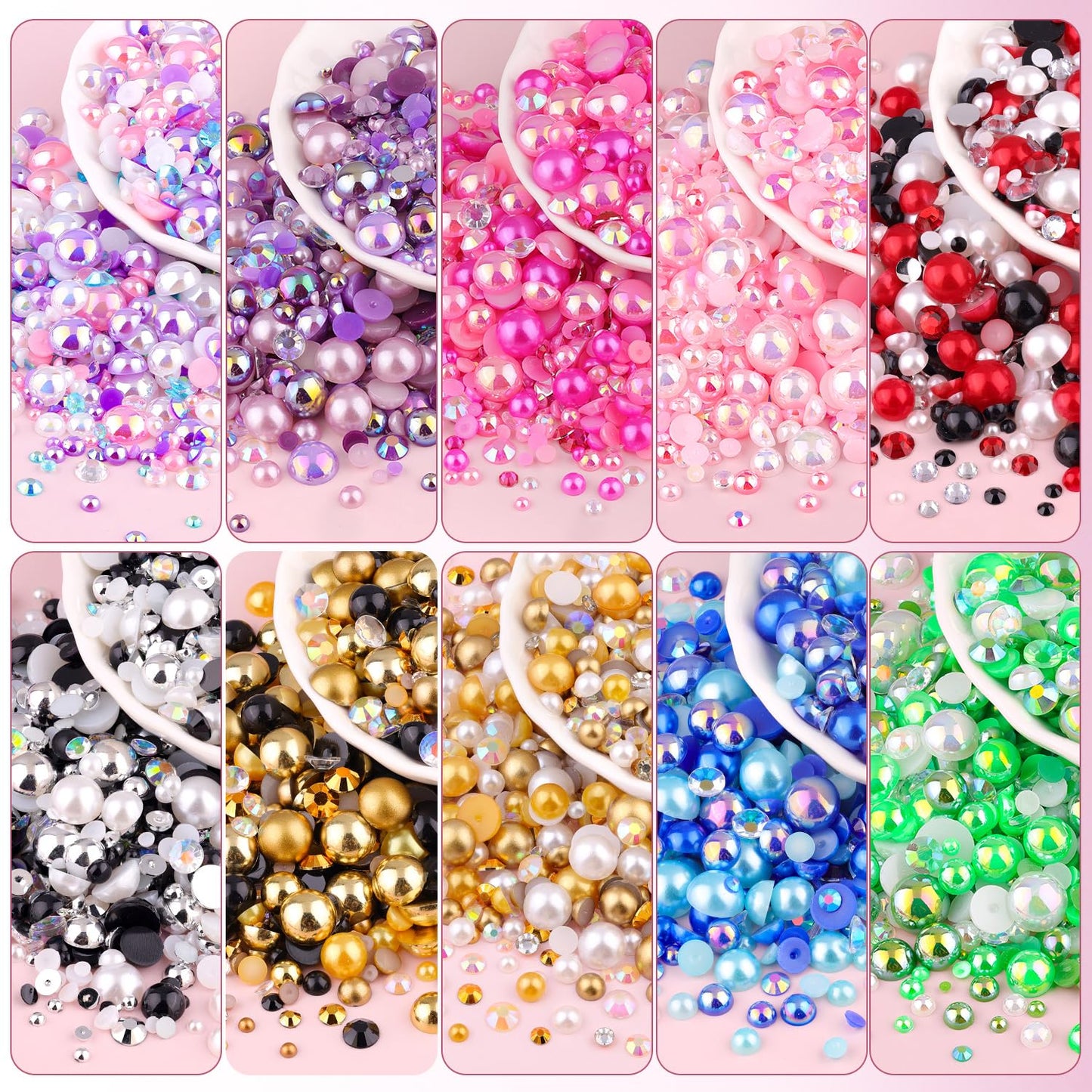 80g Flatback Pearls and Rhinestones for Crafting, Green Mixed Size 3-10mm Resin Rhinestones and Half Pearls for Bedazzling, Nail Art and Decoration with Tweezer and Pickup Pencil