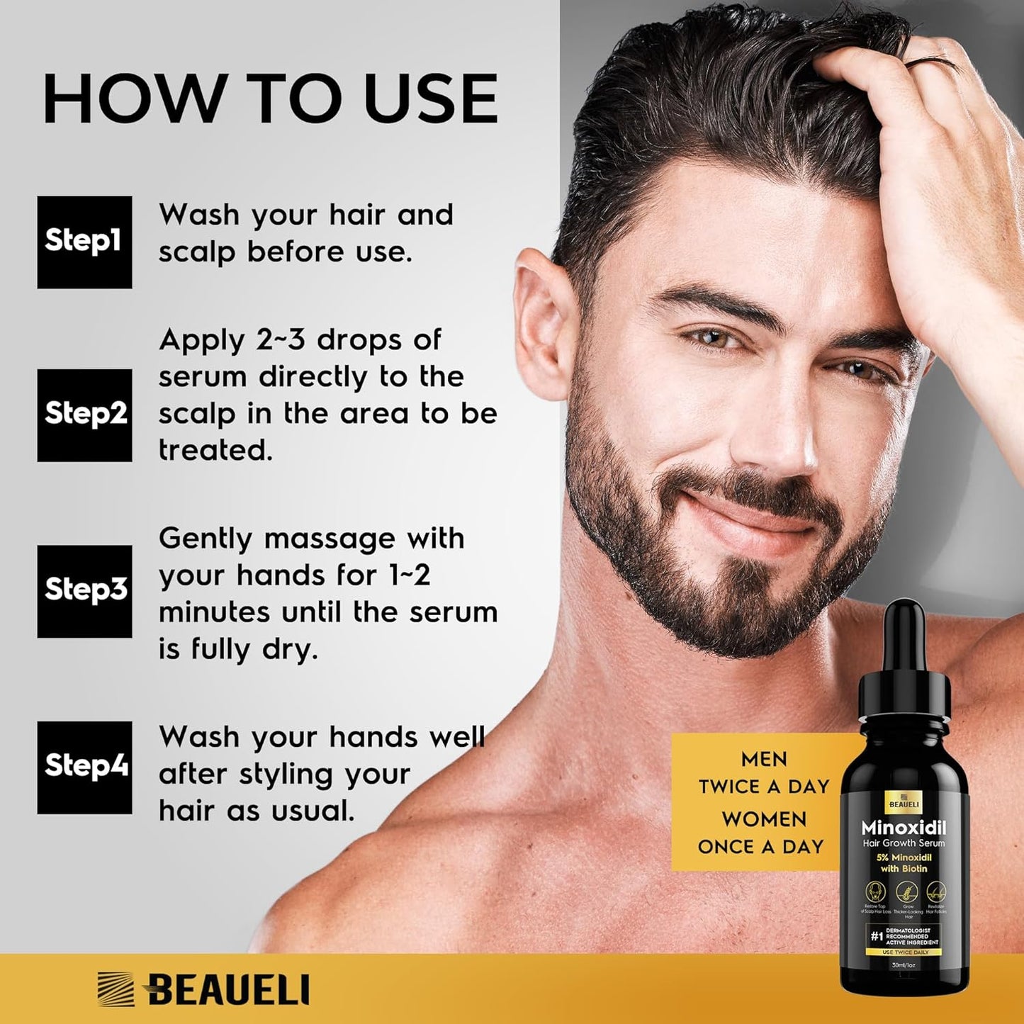 5% Minoxidil for Men and Women, Hair Growth, Beard Growth, Hair Regrowth, Unscented Drop, 3 Fl Oz, 3 Bottles
