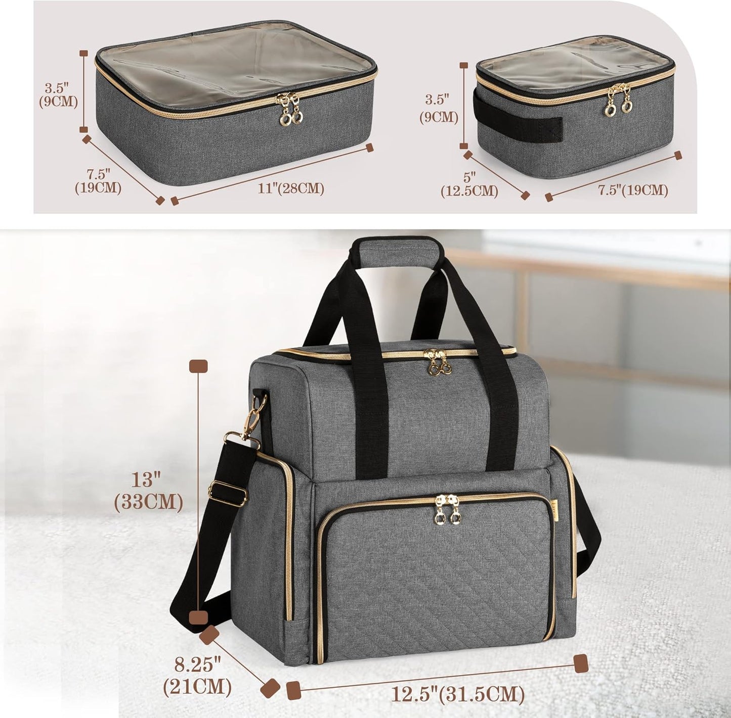 LUXJA Large Travel Makeup Bag with 3 Removable Cases, Cosmetic Bag with Detachable Dividers (Patent Pending), Gray