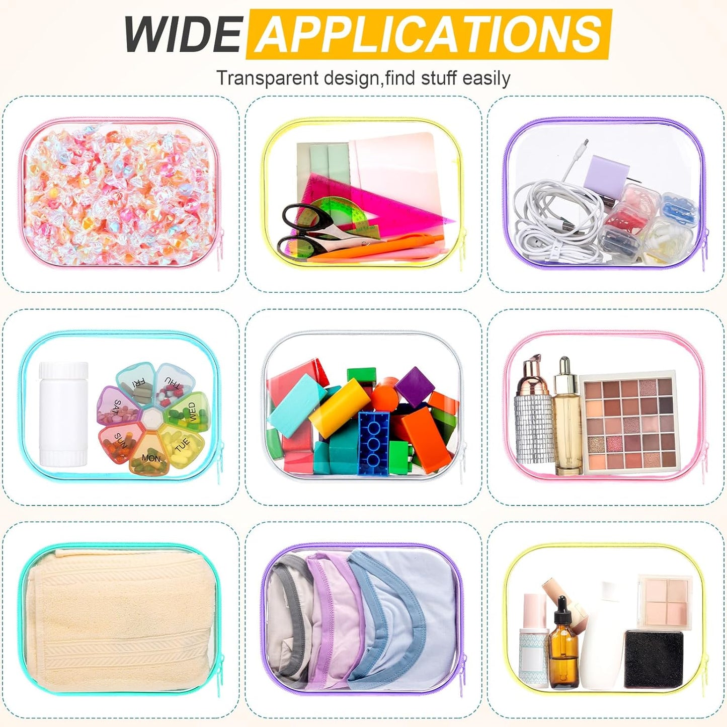 Sanwuta 6 Pcs Clear Hard Zipper Case Pencil Pouches Hard Plastic Zipper Pouches Makeup Bag Transparent Cases for Snacks Plastic Storage Organizer Box for Travel(Assorted Color,7.87 x 5.9 x 2 Inch)
