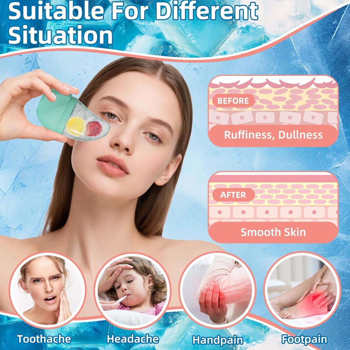 Silicone Facial Ice Cube Roller Massager, Facial Beauty Care Tool, Reusable Face Ice Mold - Brighten Skin, Reduce Puffiness (Rose Red)