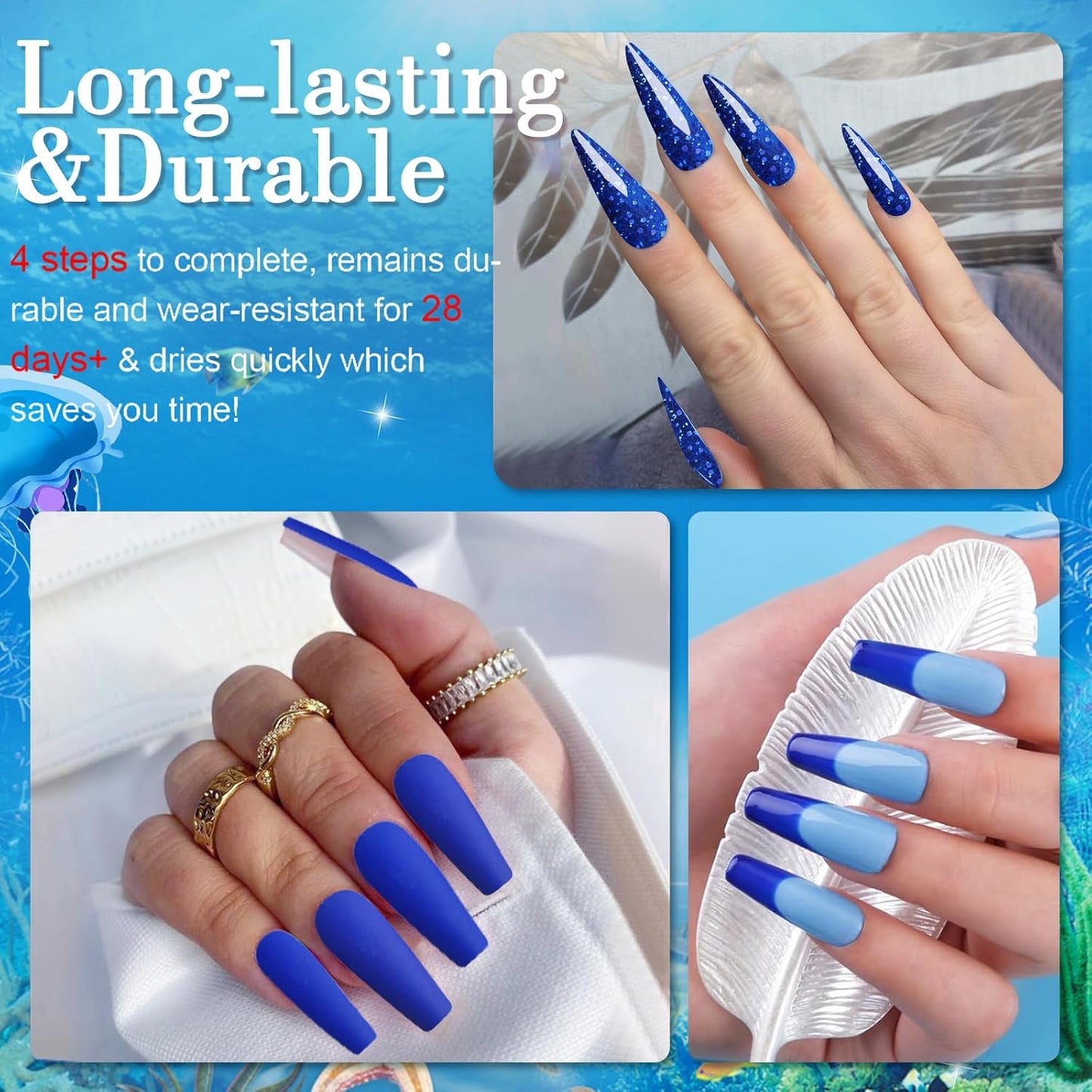 Honey Joy Dip Powder Nail Kit Starter,4 Colors Navy Blue Sky Blue Purple Glitter Dipping Powder Liquid Set with Base Top Coat for Nail Art Manicure Salon DIY No LED Nail Lamp Needed๏ผDip-7pcs-04
