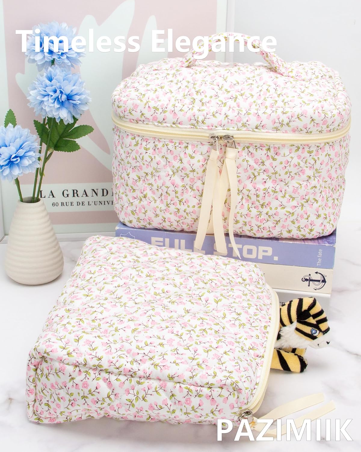 Quilted Makeup Bag Large Travel Zipper Soft Cosmetic Pouch for Women Girls Make Up,Floral Pink