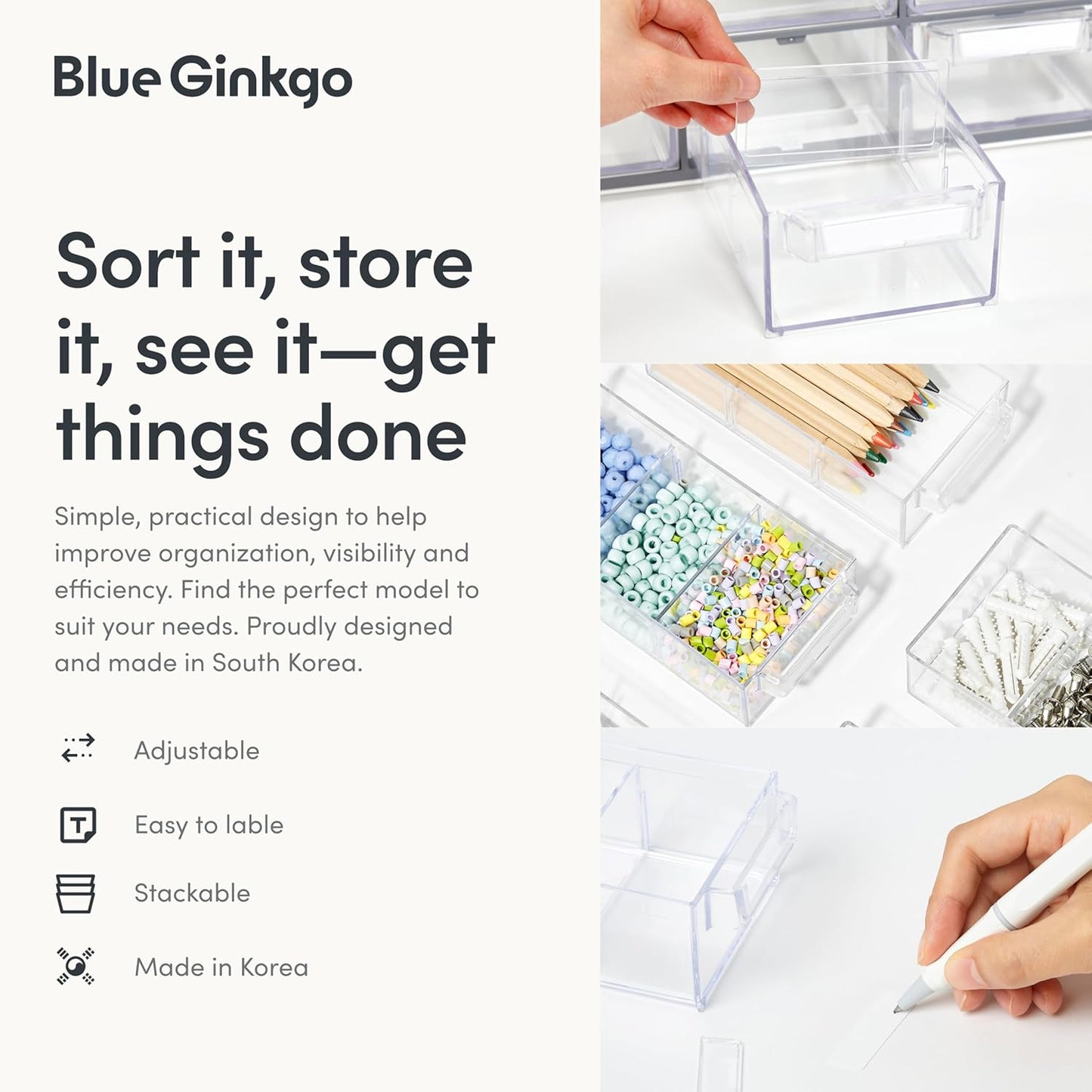 Blue Ginkgo Small 20-Drawer Cabinet – Stackable Clear Organizer for Hardware, Beads, Plastic Bricks, Office, and Craft Storage (Made in Korea, Yellow)