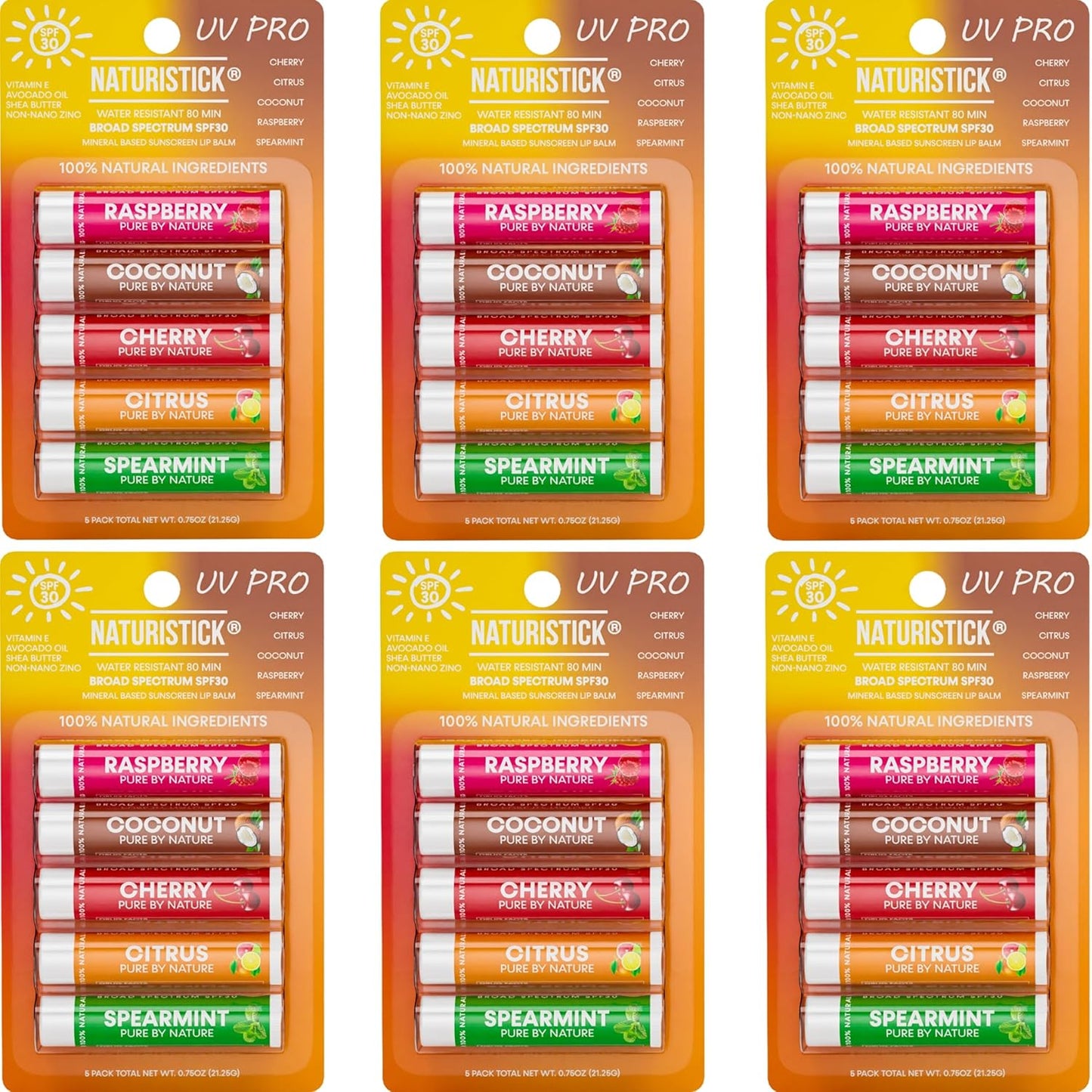 Naturistick SPF 30 Vegan Lip Balm โ Mineral Sunscreen (Zinc Oxide) | Broad Spectrum UVA/UVB | 100% Natural, Coral-Friendly Formula | 30-Pack Raspberry, Coconut, Cherry, Citrus, Spearmint | Made in USA