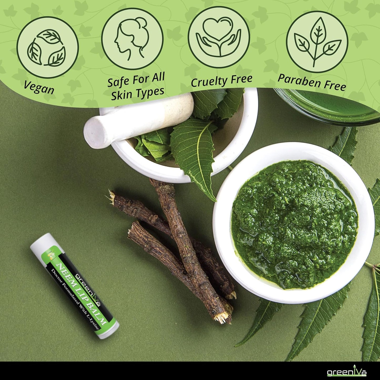 GreenIVe Neem Lip Balm, Vegan Lip Moisturizer with L-Lysine, Soothe and Soften (1)