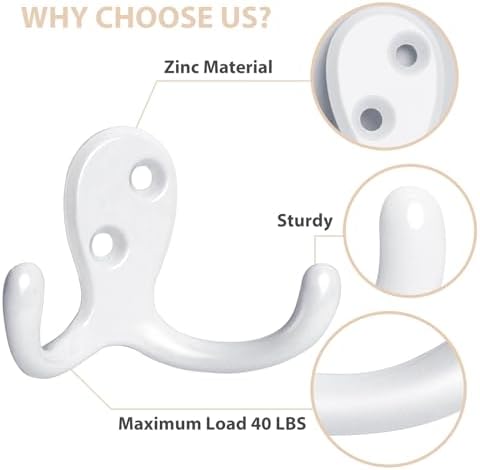 Homanu 54 Pack White Coat Hooks Wall Mounted Double Prong - Image 4