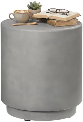 HOMCOM Outdoor Side Table Round Small End Table Concrete Finish Light Gray by HOMCOM
