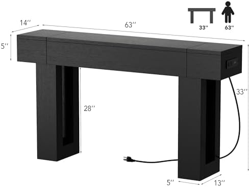 63 Inch Long Console Table w/Outlets & USB Ports, Narrow Rectangular Sofa Table - Image 2