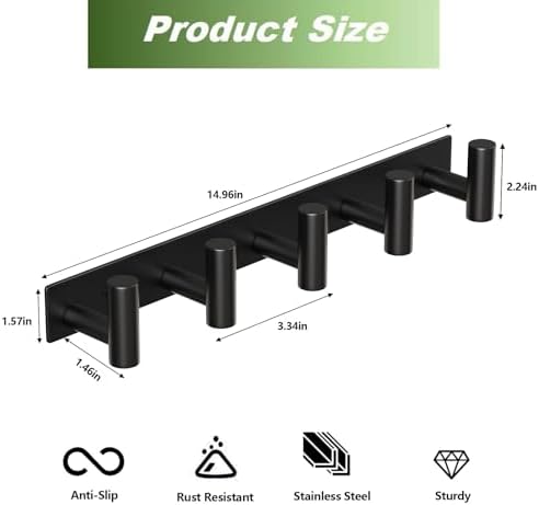Coat Rack Wall Mounted with 5 Hooks, Heavy Duty Stainless Steel Wall Hooks - Image 2