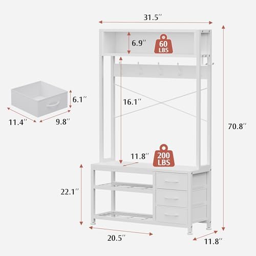 Hall Tree with Bench & 3 Drawers Storage 31.5" Coat Rack Entryway Organizer - Image 4
