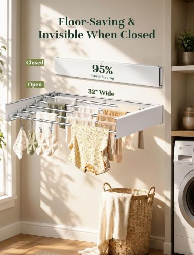 32'' Wall Mounted Clothes Drying Rack, Foldable & Collapsible Wall Mount - Image 2