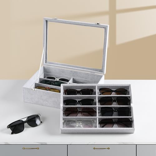 Frebeauty 16-Slot Sunglass Organizer Box, 2 Layer Velvet Sunglasses Holder - Image 2