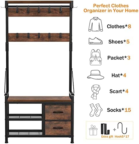 Lulive Hall Tree with Bench and Shoe Storage, 31.5” Coat Rack Freestanding - Image 4