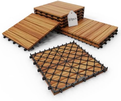 10Pcs Interlocking Deck Tiles, 12x12in Acacia Wood Flooring by XINONE