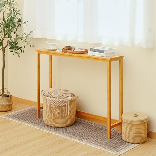 Bamboo Narrow Console Table, 39.4" Wood Small Entryway Table, Accent Slim - Image 6