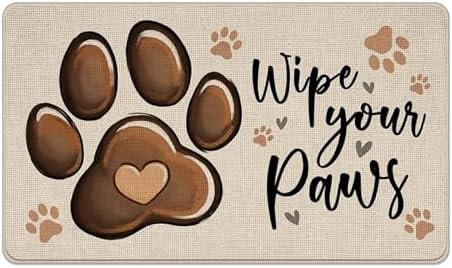 Wipe Your Paws Welcome Front Door Mat, Dog Cat Paw Prints Decorative by Livcoz