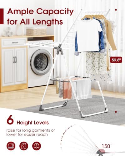 Sakugi Clothes Drying Rack, 55.5" Adjustable Wings, Foldable Design - Image 2